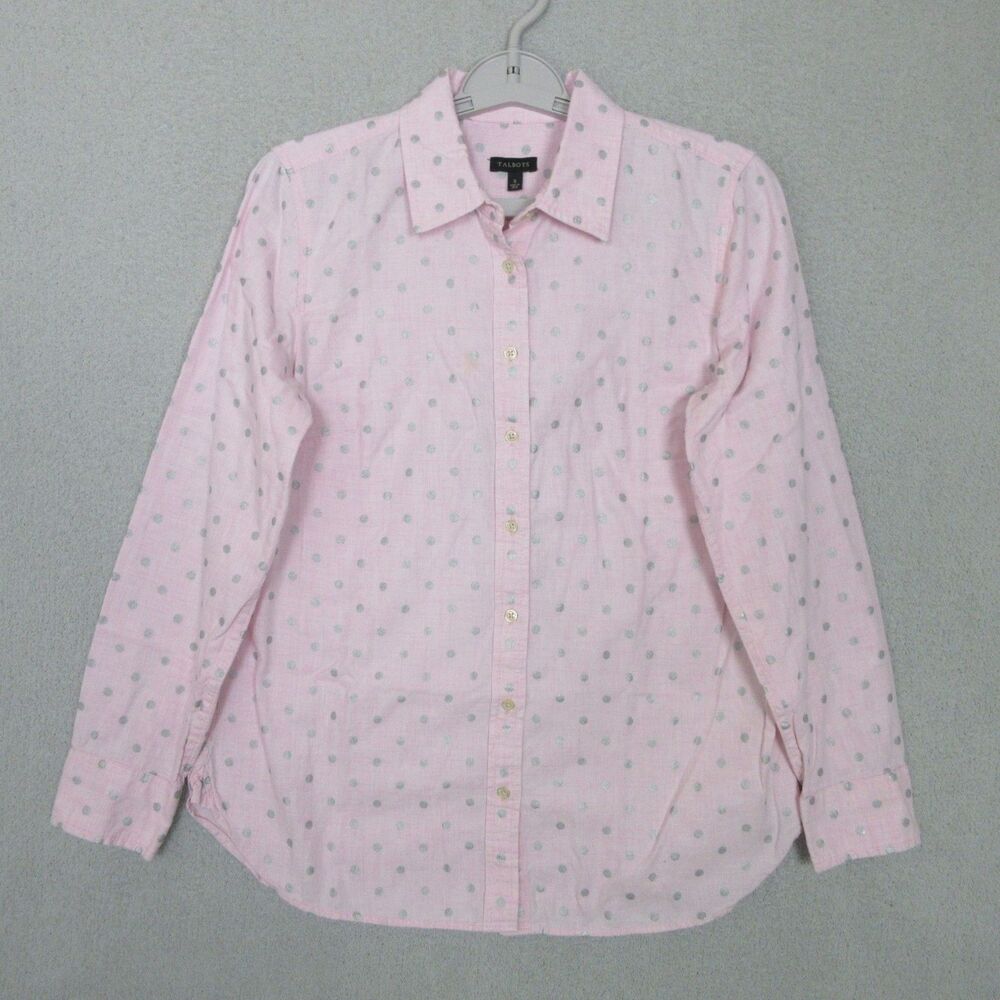 Talbots Shirt Womens‎ S Pink Polka Dot Long Sleeve Button Up Cotton Metallic
